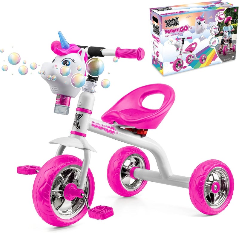 Xootz دراجة Bubble Go Unicorn ثلاثية العجلات للأطفال بعمر 3 سنوات، مع آلة فقاعات قابلة للفصل، تجميع سهل بالمشابك - لون أبيض - Image 1