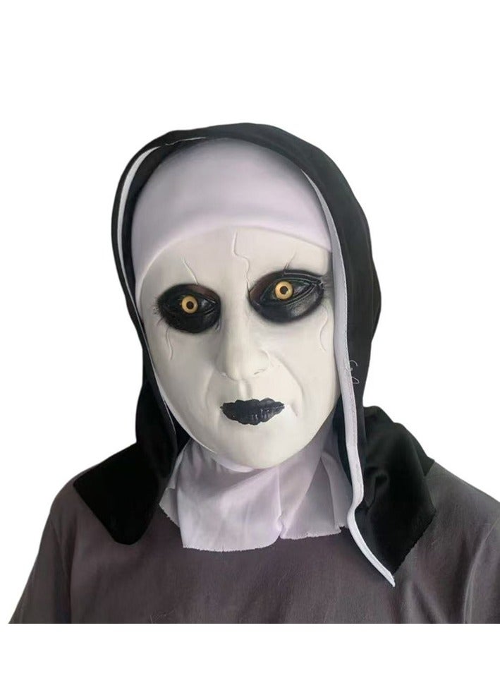 Halloween Horror Nuns Mask, Scary Nun Full Head Mask, Natural Latex Material, with Headscarf, Perfect for Halloween, Carnival, Masquerade