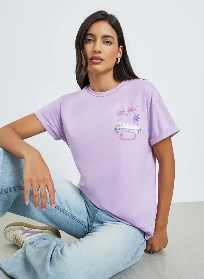 Styli Purple Palm Print T-Shirt with Turn-Up Sleeve