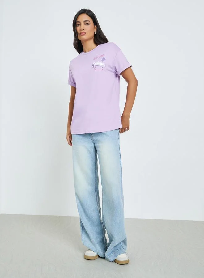 Styli Purple Palm Print T-Shirt with Turn-Up Sleeve