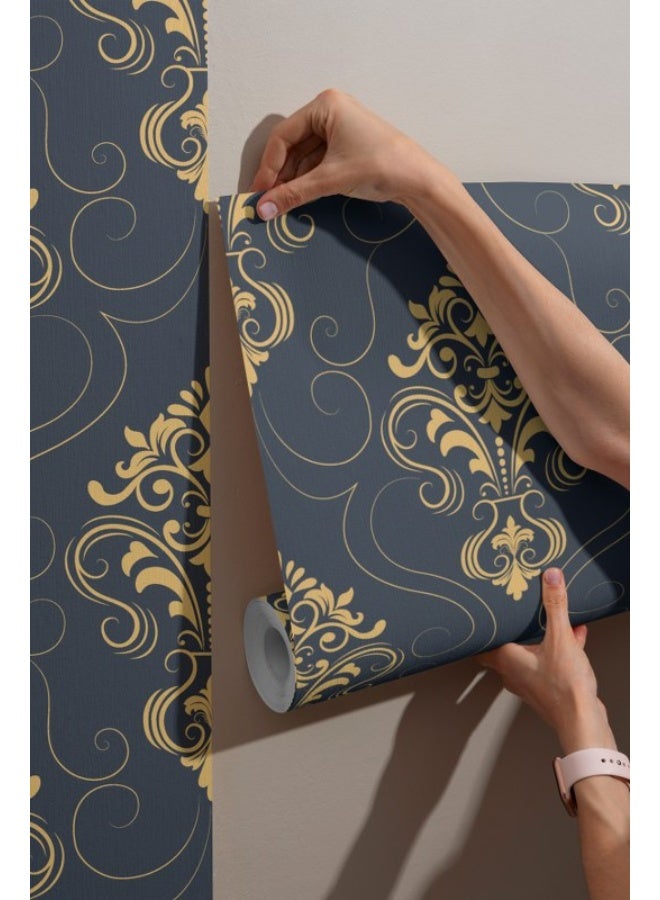 Home Gallery Seamless Golden Ornament On Dark Blue Background Fabric Wallpaper Covers An Area ​​Up To 4.2Mx3M With Adhesive  And Smoothing Tool - Image 1