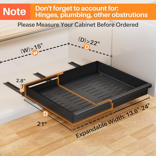PXRACK Pull out Cabinet Organizer, 2-Pack Expandable(13.6"-24") Silde out Drawers with Raising Pad for Framed Cabinets, Adjustable Full-Extension Adhesive Roll out Shelves for Kitchen Pantry Home Pot and Pan - Image 3