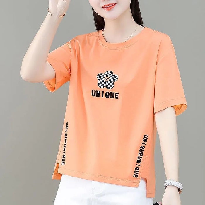 Factory wholesale special spike summer New irregular printing short sleeve t-shirt womens front short back long T-shirt top Orange [Flower]] - Image 1