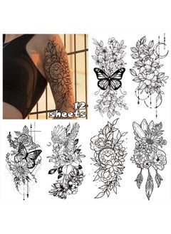 Cerlaza Temporary Tattoos for Women, Large Realistic Body Tattoo Stickers, Fake Semi Permanent Tattoo Include Butterfly Rose, Henna Tattoos for Adults (12 Sheets)  - Image 1