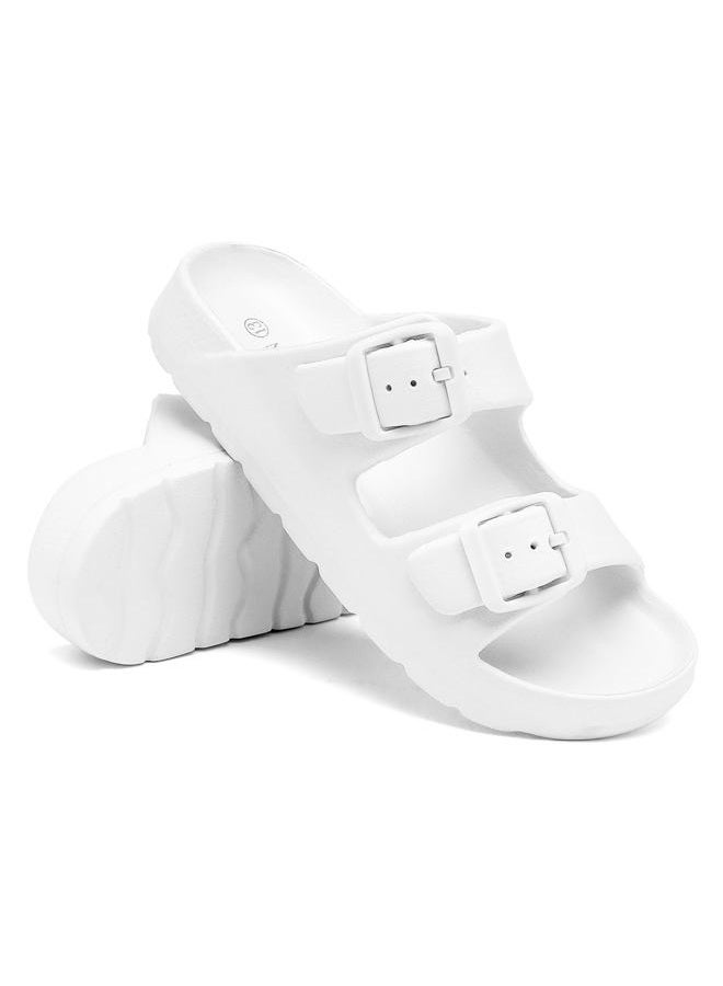 INMINPIN Boys Girls Double Buckle Slide Sandals Comfort Beach Pool Shower Slippers Adjustable Indoor Outdoor Little Kid/Big Kid, Pure White, 6 Big Kid - Image 4