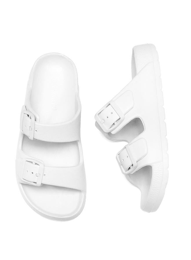 INMINPIN Boys Girls Double Buckle Slide Sandals Comfort Beach Pool Shower Slippers Adjustable Indoor Outdoor Little Kid/Big Kid, Pure White, 6 Big Kid - Image 5
