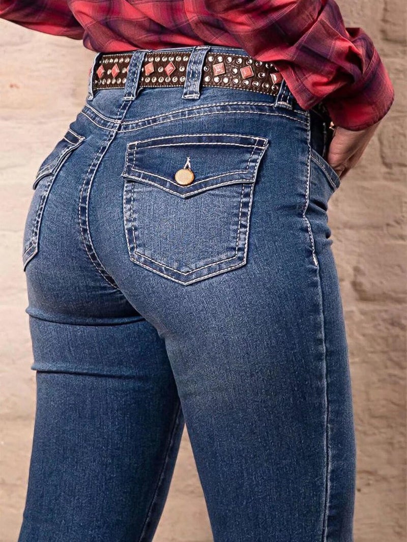 Flamingals Women's Buttoned Hem Bootcut Jeans Without Belt Mid Waist Casual Pants Navy Blue L - Image 3