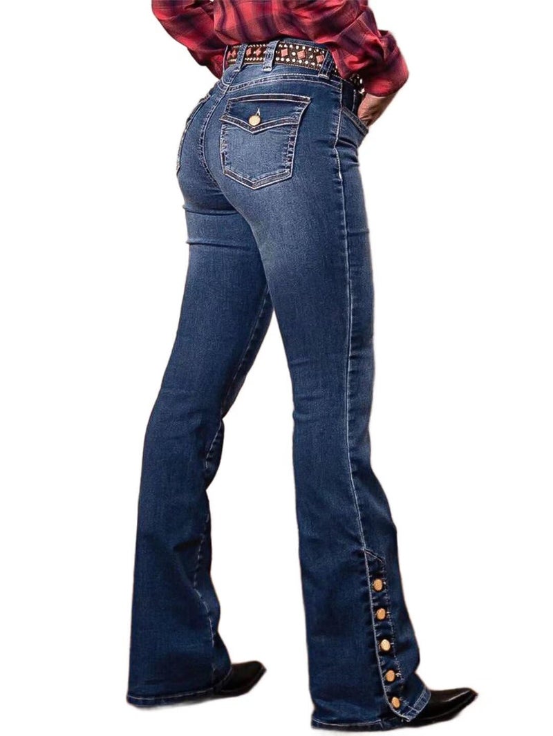 Flamingals Women's Buttoned Hem Bootcut Jeans Without Belt Mid Waist Casual Pants Navy Blue L - Image 1