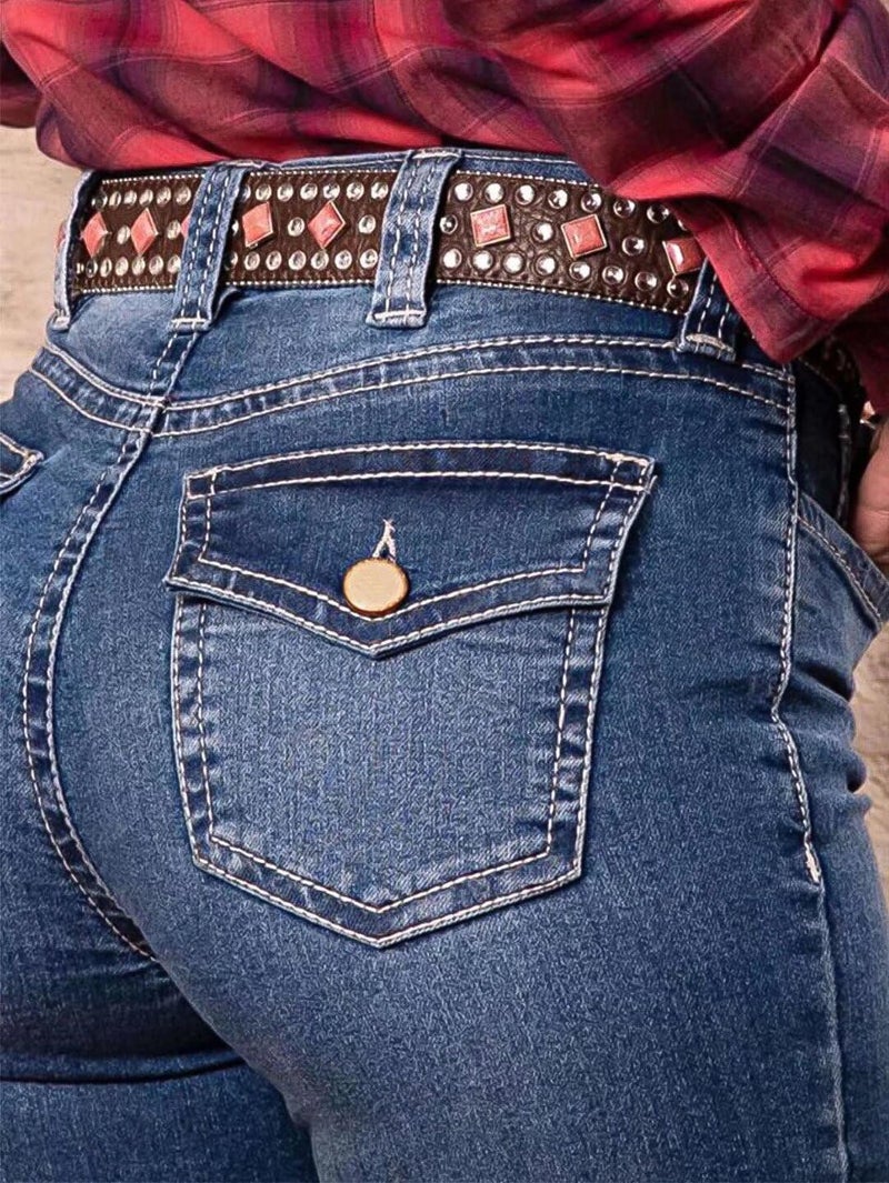 Flamingals Women's Buttoned Hem Bootcut Jeans Without Belt Mid Waist Casual Pants Navy Blue L - Image 4