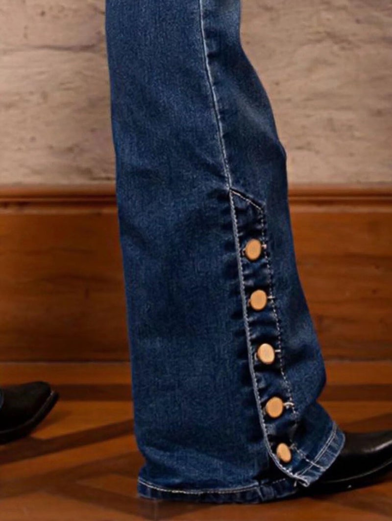 Flamingals Women's Buttoned Hem Bootcut Jeans Without Belt Mid Waist Casual Pants Navy Blue L - Image 5