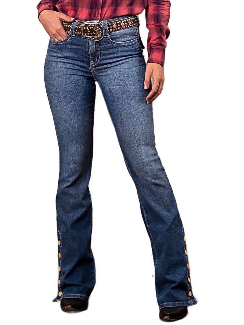 Flamingals Women's Buttoned Hem Bootcut Jeans Without Belt Mid Waist Casual Pants Navy Blue L - Image 2