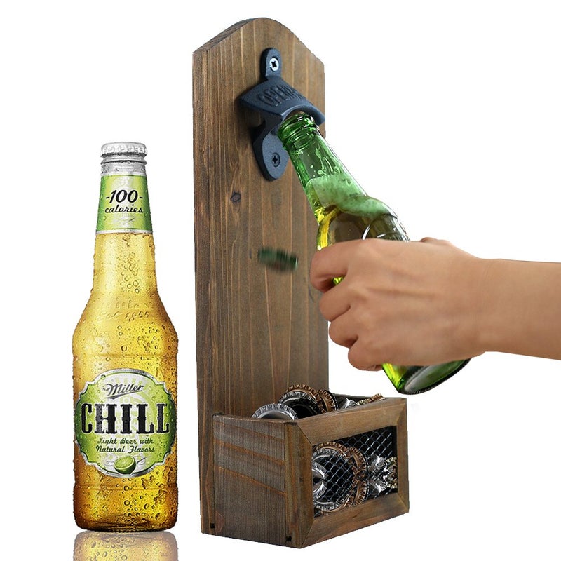 ZGZD Wooden Bottle Opener Wall Mounted with Cap Catcher Gifts for Men and Beer Lovers