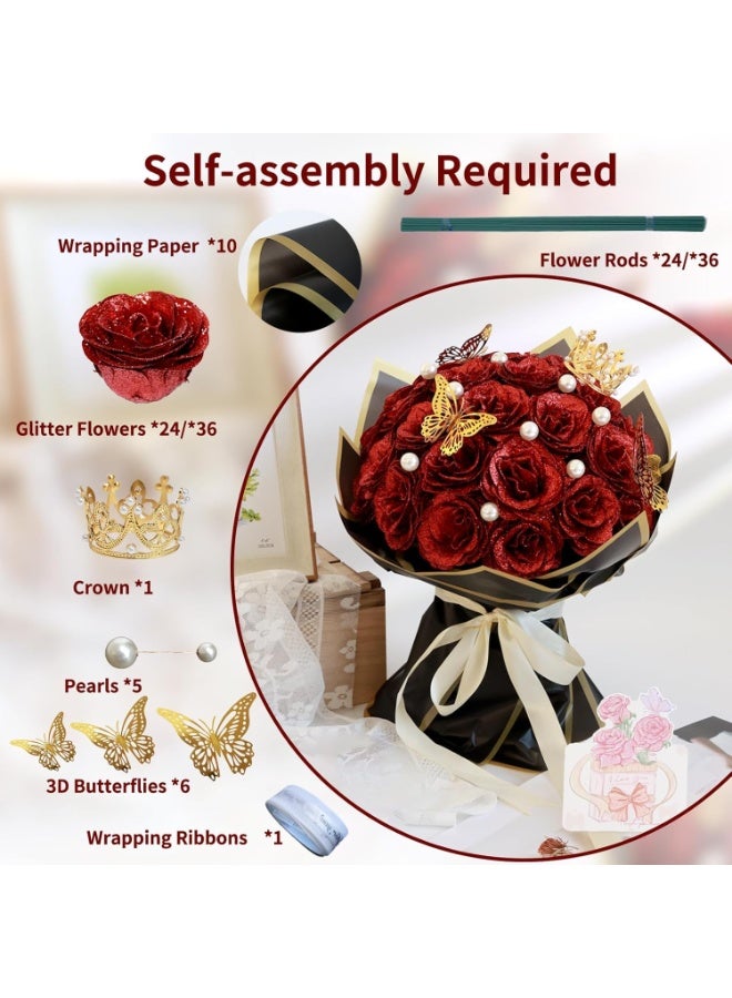 Glitter Rose Bouquet, Artificial Flowers with Stems, Shiny DIY Fake Roses for Floral Arrangements, Anniversary, Graduation, Birthday, Wedding Decorations, Centerpiece Party Supplies (Red, 24-Pack) - Image 2