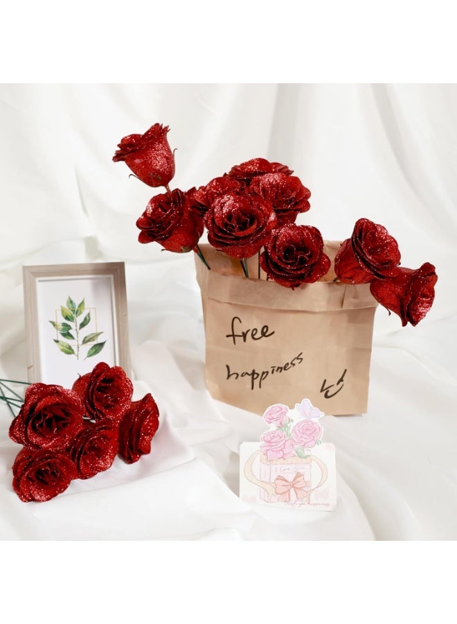 Glitter Rose Bouquet, Artificial Flowers with Stems, Shiny DIY Fake Roses for Floral Arrangements, Anniversary, Graduation, Birthday, Wedding Decorations, Centerpiece Party Supplies (Red, 24-Pack) - Image 4