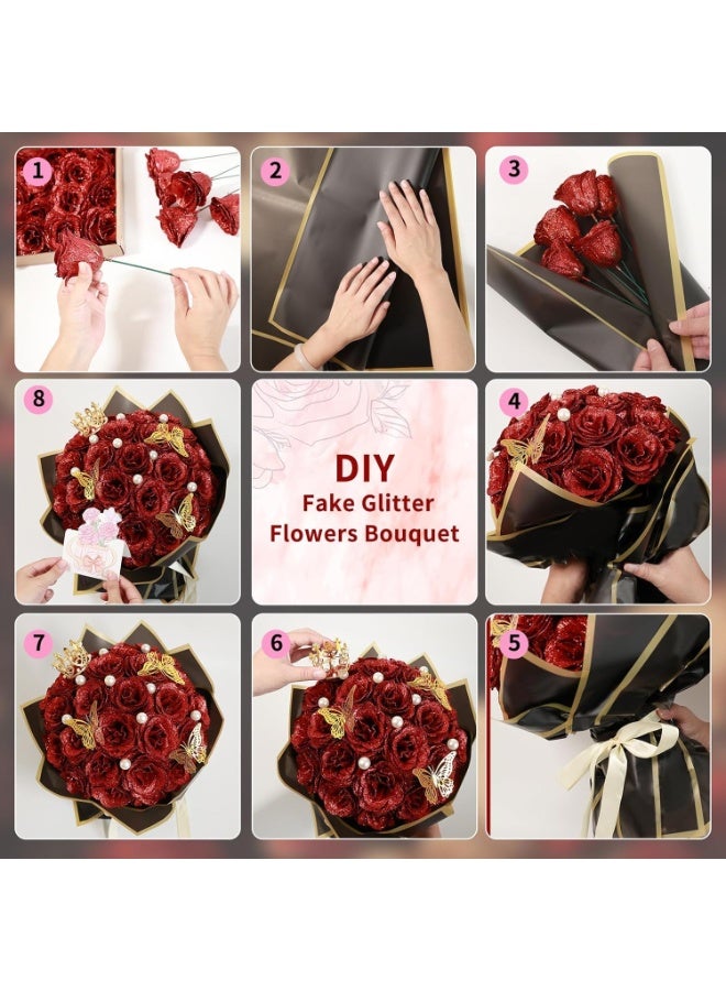 Glitter Rose Bouquet, Artificial Flowers with Stems, Shiny DIY Fake Roses for Floral Arrangements, Anniversary, Graduation, Birthday, Wedding Decorations, Centerpiece Party Supplies (Red, 24-Pack) - Image 5