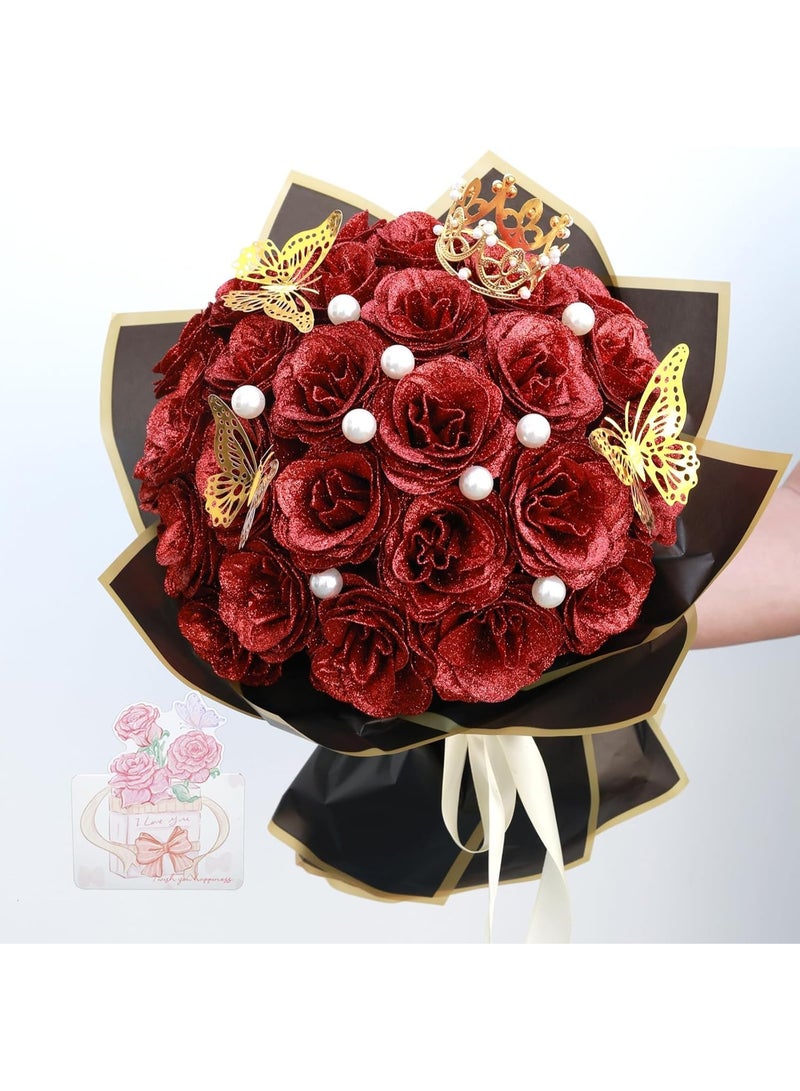 Glitter Rose Bouquet, Artificial Flowers with Stems, Shiny DIY Fake Roses for Floral Arrangements, Anniversary, Graduation, Birthday, Wedding Decorations, Centerpiece Party Supplies (Red, 24-Pack) - Image 1