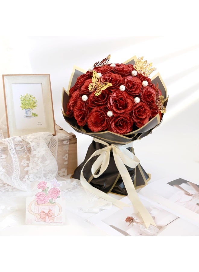 Glitter Rose Bouquet, Artificial Flowers with Stems, Shiny DIY Fake Roses for Floral Arrangements, Anniversary, Graduation, Birthday, Wedding Decorations, Centerpiece Party Supplies (Red, 24-Pack) - Image 3