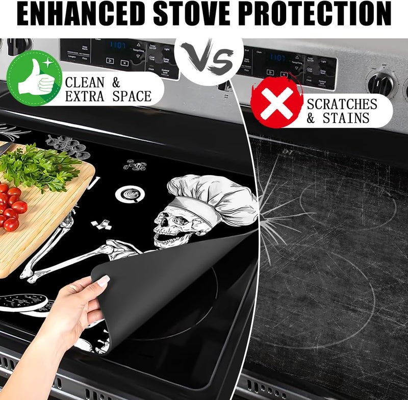 Seimip Halloween Skull Skeleton Stove Top Cover Retro Gas Stove Top Cover for Home Decoration Kitchen Pad Non-Stick Washable Cooktop Covers Countertop Protector Keep Stove Clean Black - Image 3