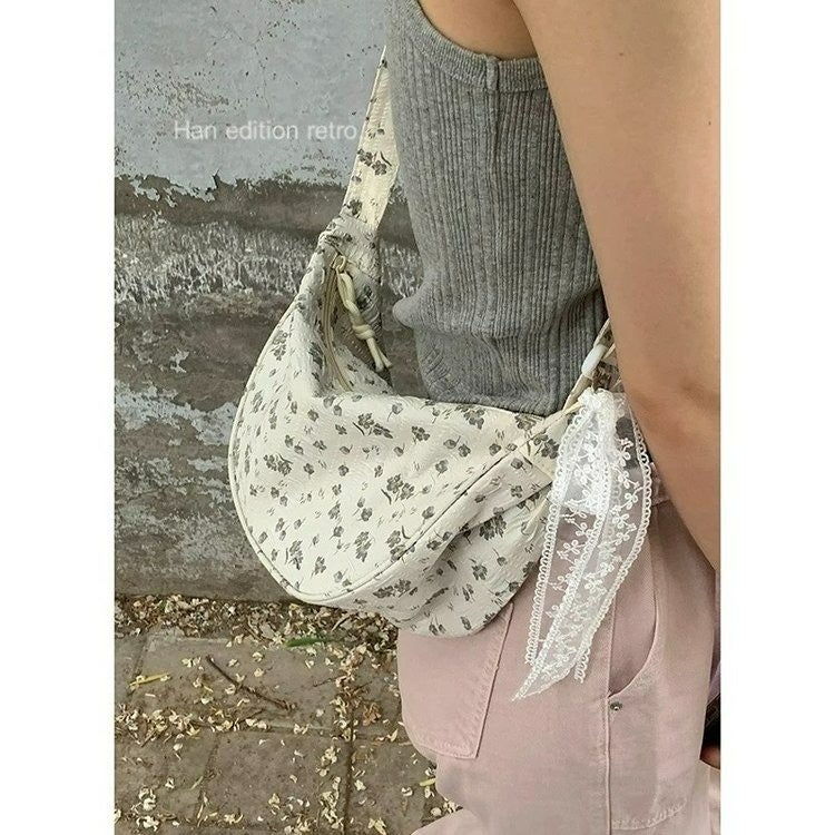 Small Floral Large Capacity Saddle Bag Women'S Summer South Korea All-Match Ins Canvas Crossbody Bag Underarm Bag - Image 5