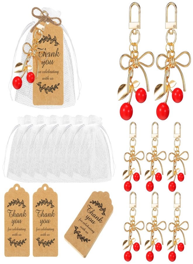 Ecation 20 Set Red Cherry Bow Keychain Party Favor Cherry Thank You Keyring Gift Charm Fruit Souvenir Present with Kraft Tag Organza Bag for Guest Baby Shower Wedding Birthday Thanksgiving Party - Image 1