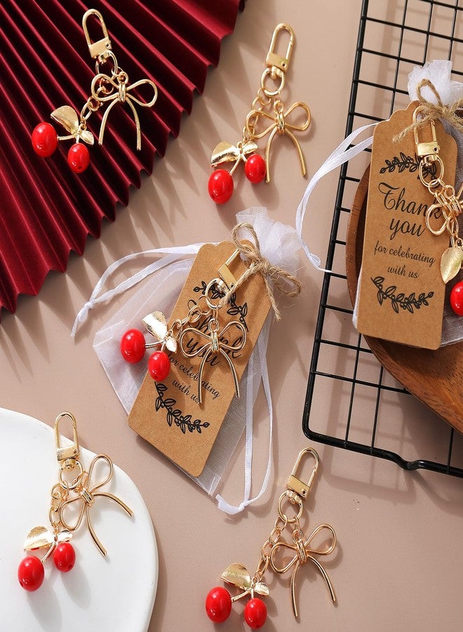 Ecation 20 Set Red Cherry Bow Keychain Party Favor Cherry Thank You Keyring Gift Charm Fruit Souvenir Present with Kraft Tag Organza Bag for Guest Baby Shower Wedding Birthday Thanksgiving Party - Image 4