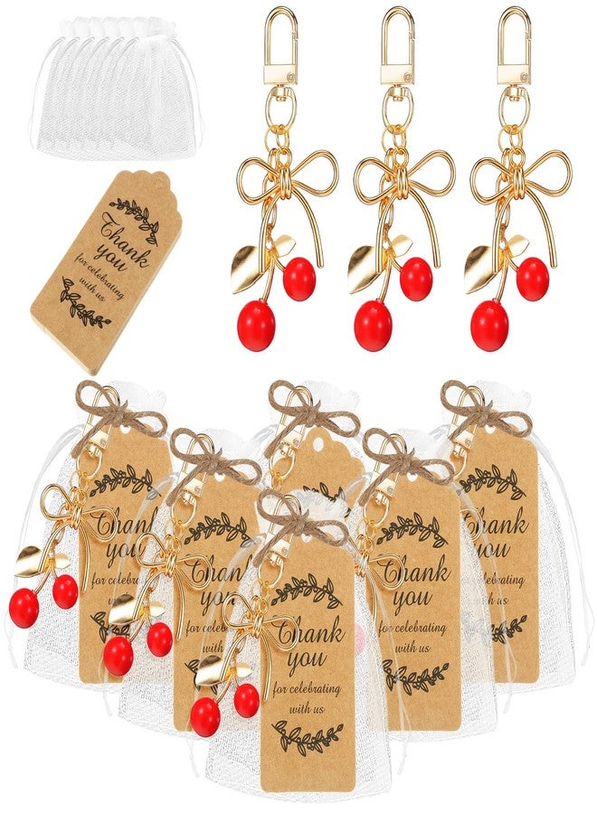 Ecation 20 Set Red Cherry Bow Keychain Party Favor Cherry Thank You Keyring Gift Charm Fruit Souvenir Present with Kraft Tag Organza Bag for Guest Baby Shower Wedding Birthday Thanksgiving Party - Image 2