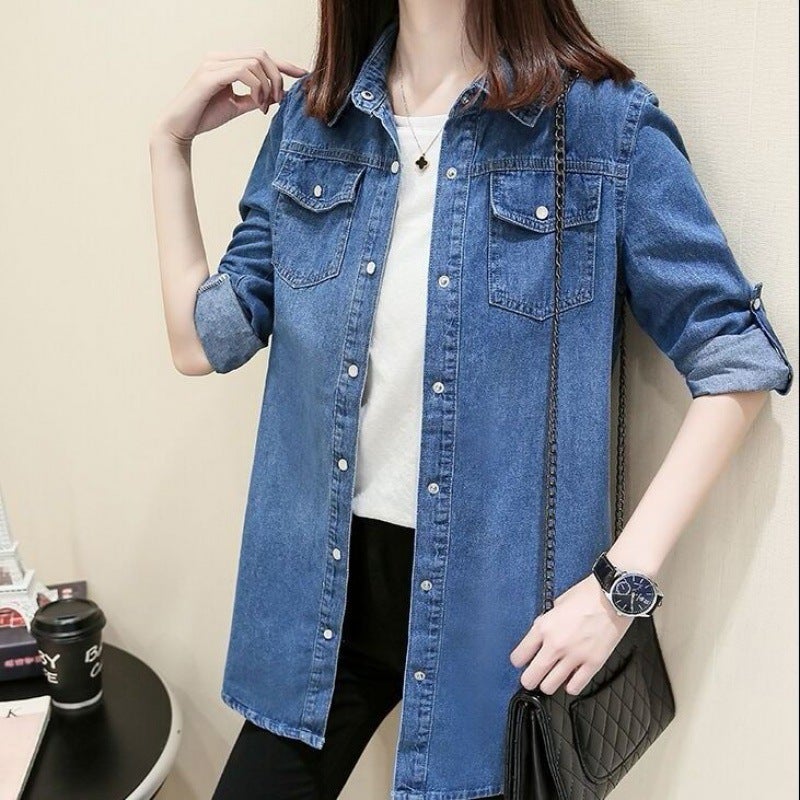 Denim Coat Womens Mid-length Korean Style Spring and Autumn Loose Slimming Casual All-match Denim Shirt plus size Thin Top 9002 dark blue