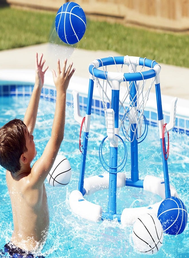 HYES 2 in 1 Pool Basketball Hoop, Floating Pool Toys with 4 Balls/8 Ring Toss Game for Kids Ages 4-8, Indoor Outdoor Water Basketball for Poolside Family Party for Adults Kids 8-12, Blue - Image 1