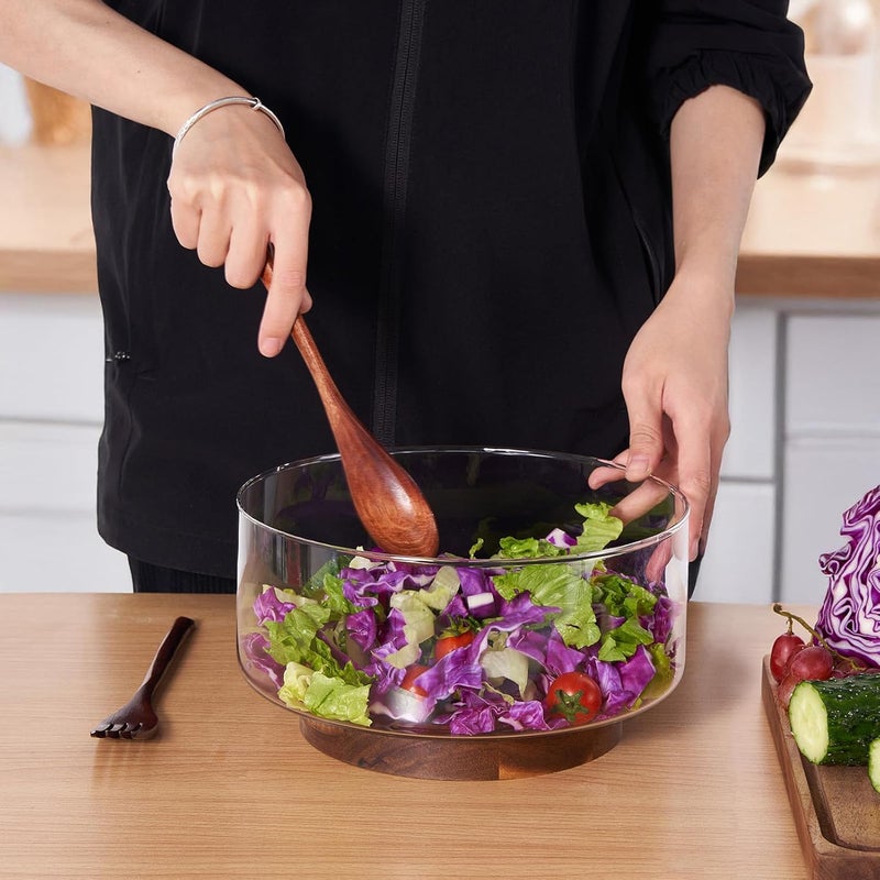 LiTY Glass Salad Bowl Set 9 Medium Salad Servers with Acacia Wood Base and Salad Serving Utensils for Party Fruits Popcorn Chips Pasta Kitchen MustHave - Image 5