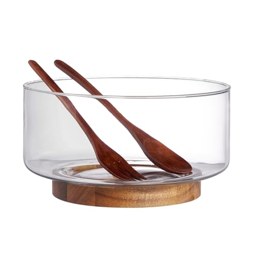 LiTY Glass Salad Bowl Set 9 Medium Salad Servers with Acacia Wood Base and Salad Serving Utensils for Party Fruits Popcorn Chips Pasta Kitchen MustHave - Image 1
