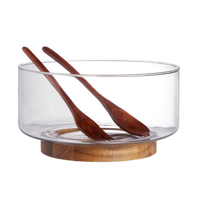 LiTY Glass Salad Bowl Set 9 Medium Salad Servers with Acacia Wood Base and Salad Serving Utensils for Party Fruits Popcorn Chips Pasta Kitchen MustHave - Image 2