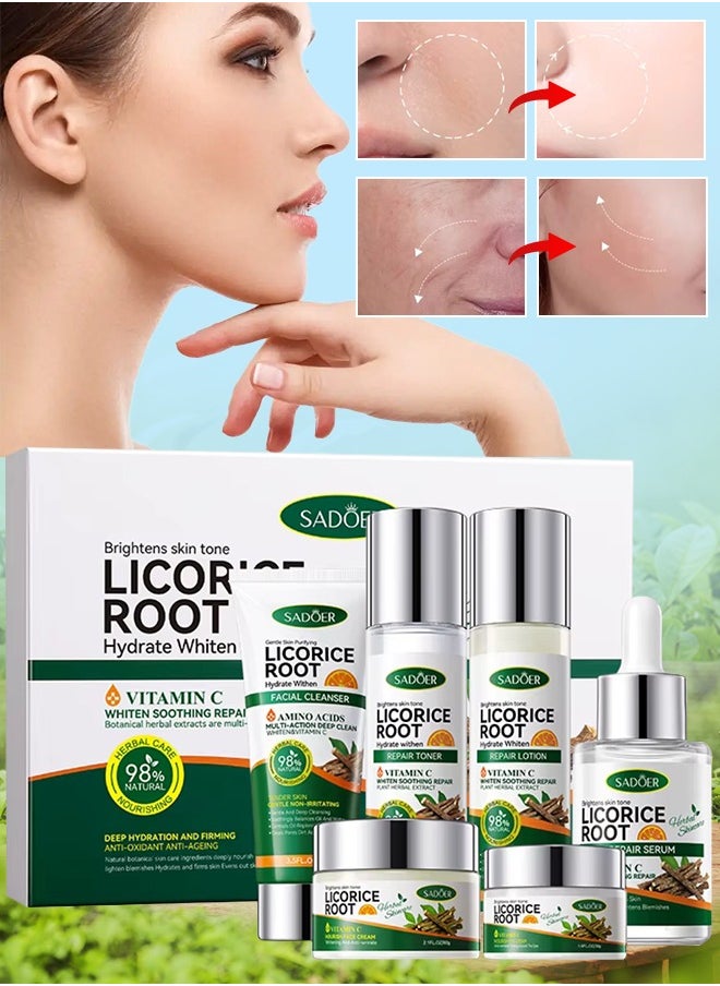 SADOER Licorice Root Six Pieces Skin Care Set with Facial Cleanser Eye Cream Repair Toner Repair Serum Repair Lotion and Face Cream with Licorice Root Extract Skincare Set Hydrate Whiten Brightens with Vitamin C  - Image 1