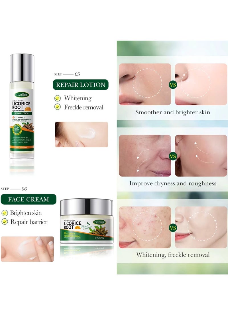 Licorice Root Six Pieces Skin Care Set with Facial Cleanser Eye Cream Repair Toner Repair Serum Repair Lotion and Face Cream with Licorice Root Extract Skincare Set Hydrate Whiten Brightens with Vitamin C
