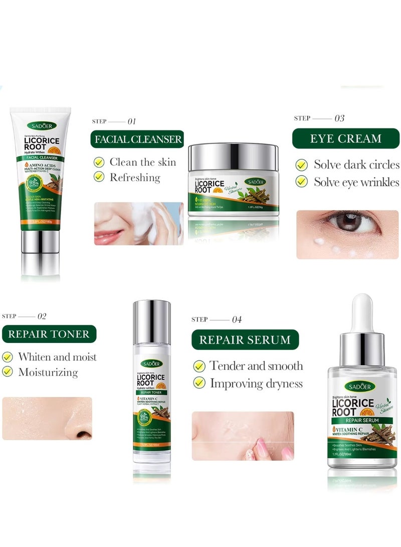 Licorice Root Six Pieces Skin Care Set with Facial Cleanser Eye Cream Repair Toner Repair Serum Repair Lotion and Face Cream with Licorice Root Extract Skincare Set Hydrate Whiten Brightens with Vitamin C