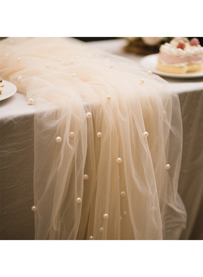 Anfan Champagne Pearl Lace Tulle Tablecloth 165cm x 3.02m Single Piece – Bohemian Wedding, Bridal Party, Dessert Table Drape, Wedding Arch & Baby Shower Backdrop Curtain - Image 1