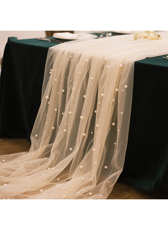 Anfan Champagne Pearl Lace Tulle Tablecloth 165cm x 3.02m Single Piece – Bohemian Wedding, Bridal Party, Dessert Table Drape, Wedding Arch & Baby Shower Backdrop Curtain - Image 2