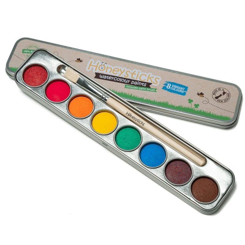 Honeysticks مجموعة ألوان مائية غير سامة من هونيستيك للأطفال والرضع - 8 ألوان زاهية وطويلة الأمد مع فرشاة - مكونات طبيعية وصالحة للأكل - مستلزمات فنية آمنة للأطفال - فكرة هدية رائعة - Image 1