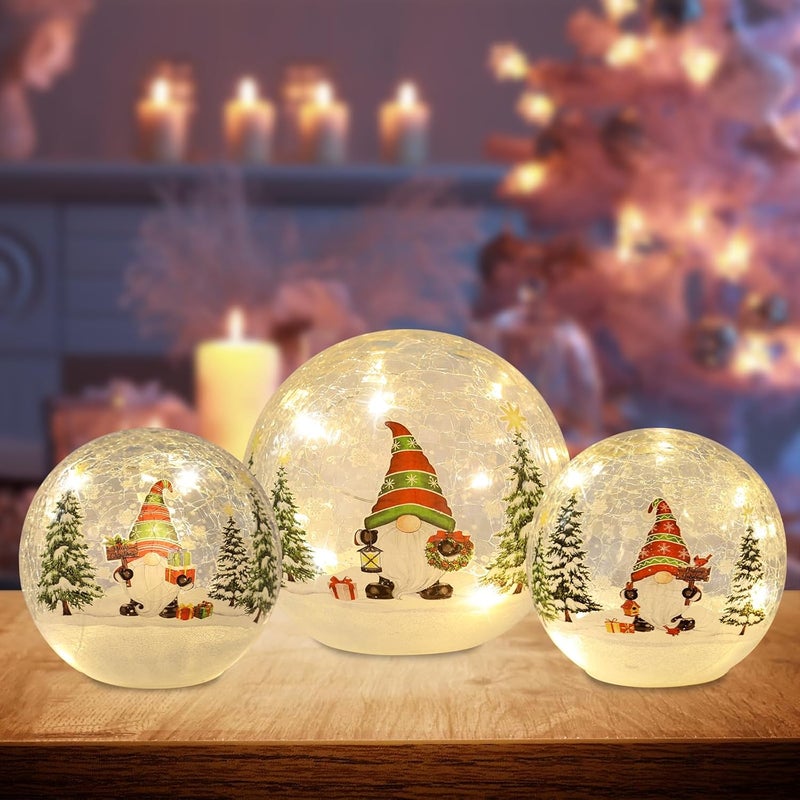 PHITRIC Christmas Decorations Indoor, 3 PCS Sparkling Christmas Gnomes Globes with LED Lights and Timer, Xmas Table Decor Centerpieces Crackle Glass Ball for Fireplace, Home, Tabletop, Mantel, Shelf - Image 1