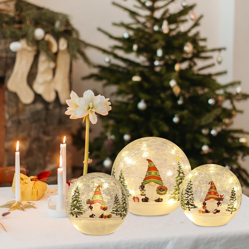 PHITRIC Christmas Decorations Indoor, 3 PCS Sparkling Christmas Gnomes Globes with LED Lights and Timer, Xmas Table Decor Centerpieces Crackle Glass Ball for Fireplace, Home, Tabletop, Mantel, Shelf - Image 5