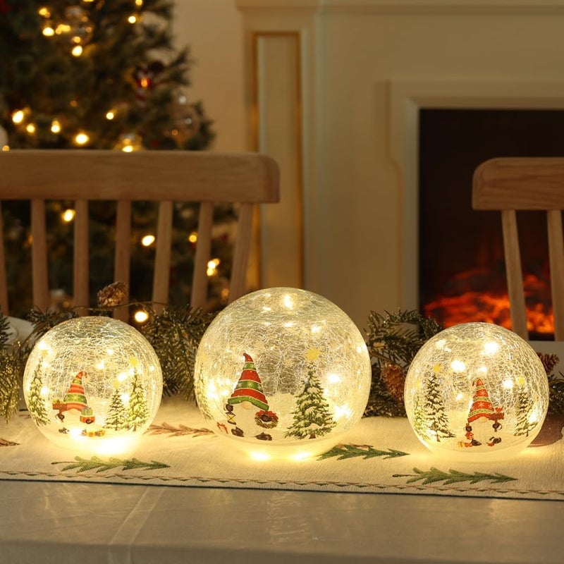 PHITRIC Christmas Decorations Indoor, 3 PCS Sparkling Christmas Gnomes Globes with LED Lights and Timer, Xmas Table Decor Centerpieces Crackle Glass Ball for Fireplace, Home, Tabletop, Mantel, Shelf - Image 2