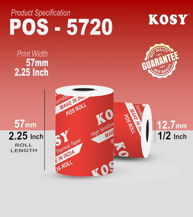 KOSY لفائف ورق حراري لنقاط البيع | 57 مم (2.25 بوصة) | لفائف ورق طابعة حرارية خالية من BPA لآلات نقاط البيع، طابعات الإيصالات الصغيرة، أنظمة الفوترة وسجلات النقد (100) - Image 3