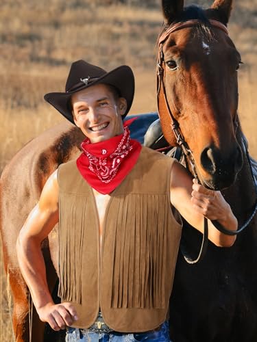 Toulite 4 Pcs Western Outfits for Men Cowboy Tassel Vest Hat Belt Buckle Paisley Bandana for Halloween Cosplay (Brown, Coffee, Red,X-Large) - Image 4