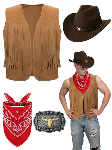 Toulite 4 Pcs Western Outfits for Men Cowboy Tassel Vest Hat Belt Buckle Paisley Bandana for Halloween Cosplay (Brown, Coffee, Red,X-Large) - Image 1