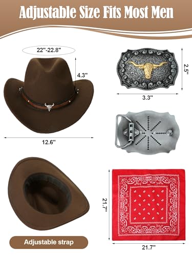 Toulite 4 Pcs Western Outfits for Men Cowboy Tassel Vest Hat Belt Buckle Paisley Bandana for Halloween Cosplay (Brown, Coffee, Red,X-Large) - Image 3