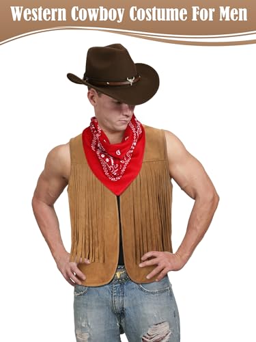 Toulite 4 Pcs Western Outfits for Men Cowboy Tassel Vest Hat Belt Buckle Paisley Bandana for Halloween Cosplay (Brown, Coffee, Red,X-Large) - Image 2