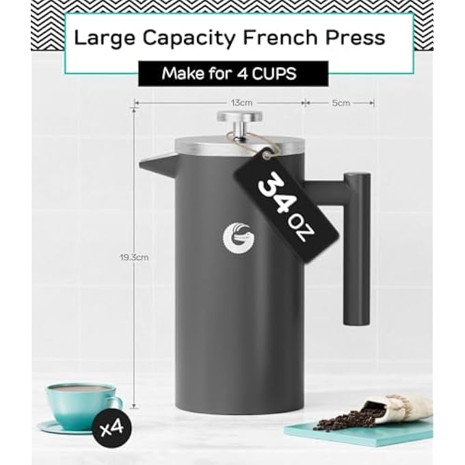 Coffee Gator Large French Press Maker  Vacuum Insulated Stainless Steel 34 Floz Grey - Image 5