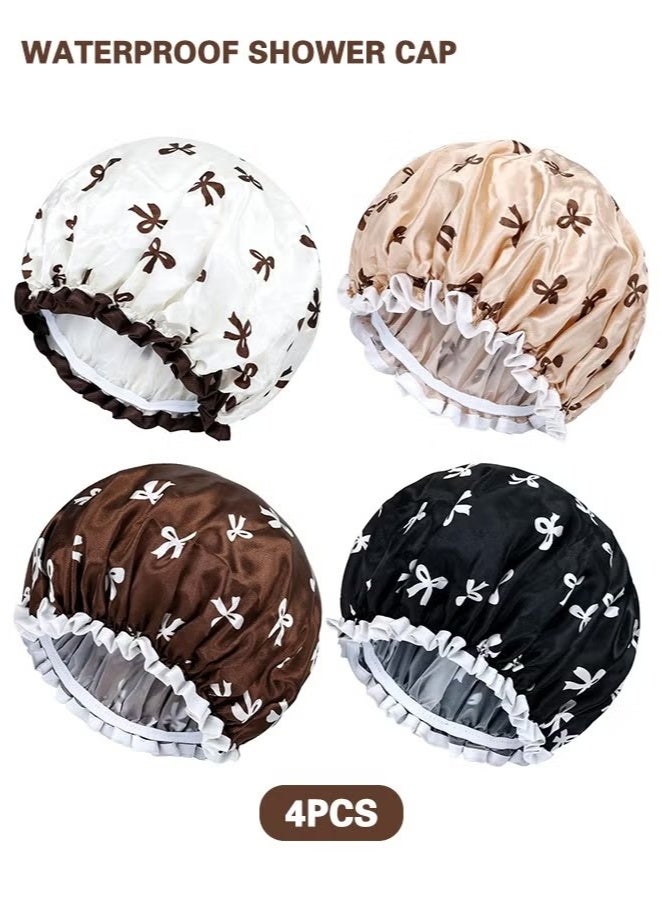 4Pcs Double Waterproof Shower Caps, Elastic Reusable Bathing Cap Printed Shower Hat Bath Hat Beauty Salon Spa Shower Cap for Women Girls  - Image 1