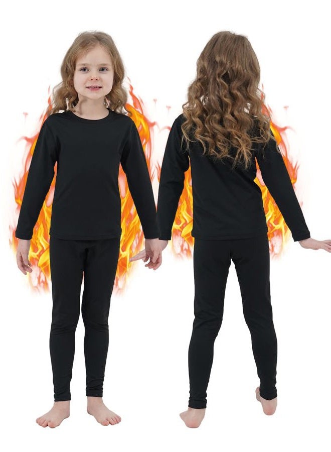 PISIQI Girls Thermal Underwear Set Ultra Soft Long Underwear for Kids Fleece Lined Winter Warm Base Layer Kids Long Johns Set, Black, S - Image 1
