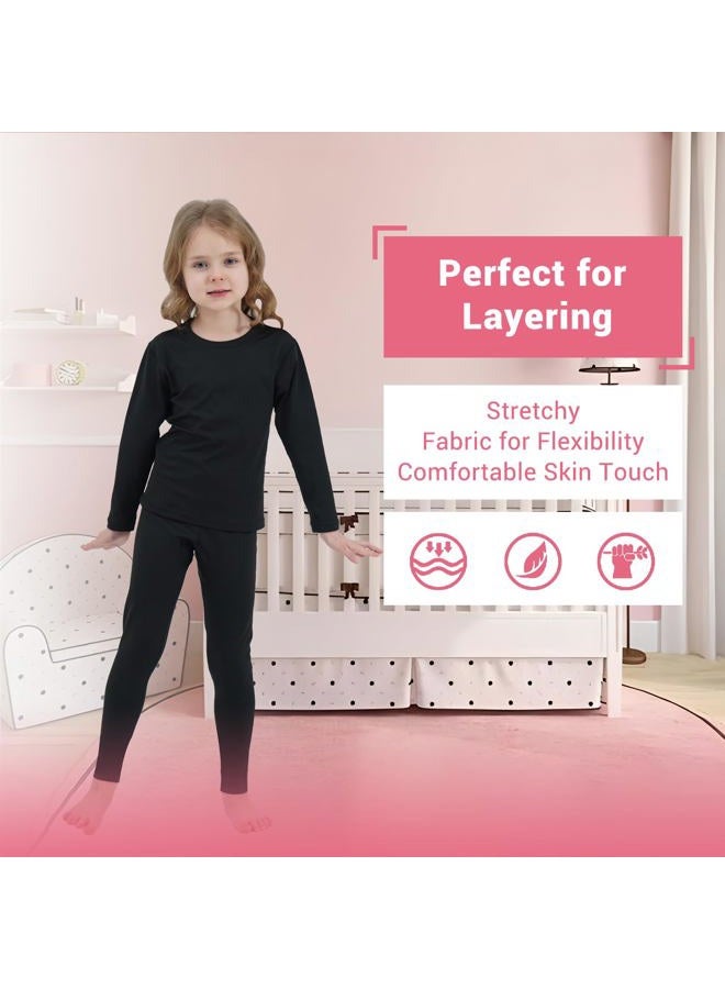 PISIQI Girls Thermal Underwear Set Ultra Soft Long Underwear for Kids Fleece Lined Winter Warm Base Layer Kids Long Johns Set, Black, S - Image 4