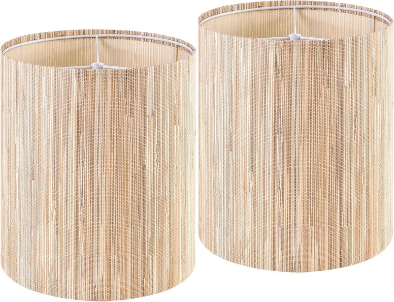 GO&SO GOSO 10 Inch Tall Drum Boho Lamp Shades Set of 2 Small, 10" x10" x10" (Spider) Yellow Natural Straw Woven Lampshades for Table Lamps & Wall Lampshade Replacement Farmhouse Assembly Required - Image 1